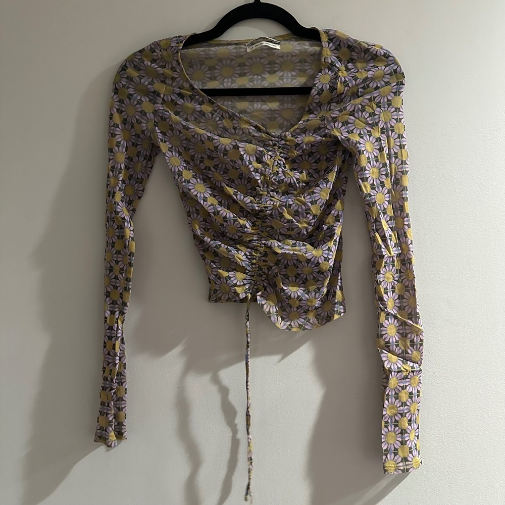 Urban Outfitters Long Sleeve Mesh‎ Floral Ruched Tie Front Top